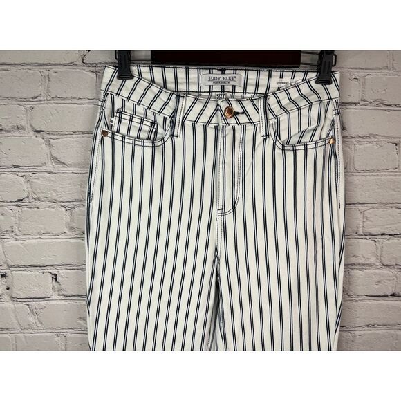 Judy Blue Rowan Super Flare Jeans Size 5/27 White Blue Striped High Rise Raw Hem - Picture 3 of 9
